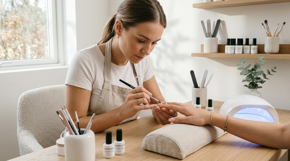 Estación de manicura mostrando la aplicación de builder gel