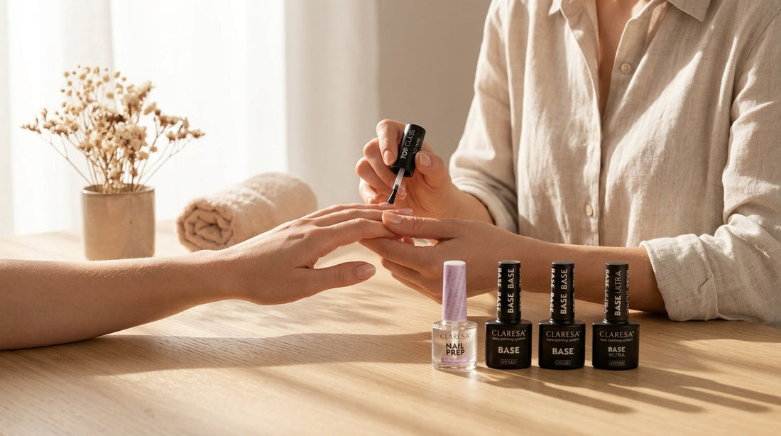 Técnica aplicando base híbrida Claresa junto a productos Nail Prep y Base