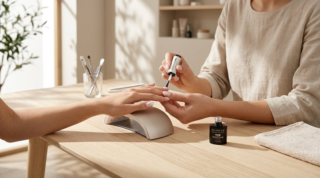 Técnica aplicando top coat semipermanente en manicura profesional