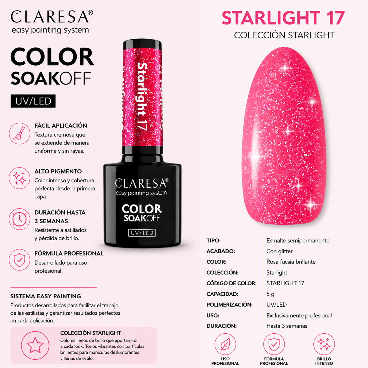 Esmalte Claresa rosa con partículas de luz estelar 17