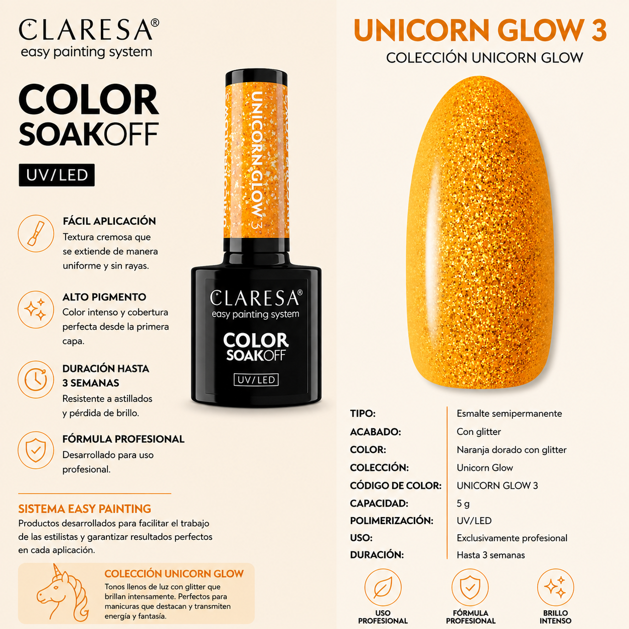 Esmalte Claresa con partículas naranjas Unicorn Glow