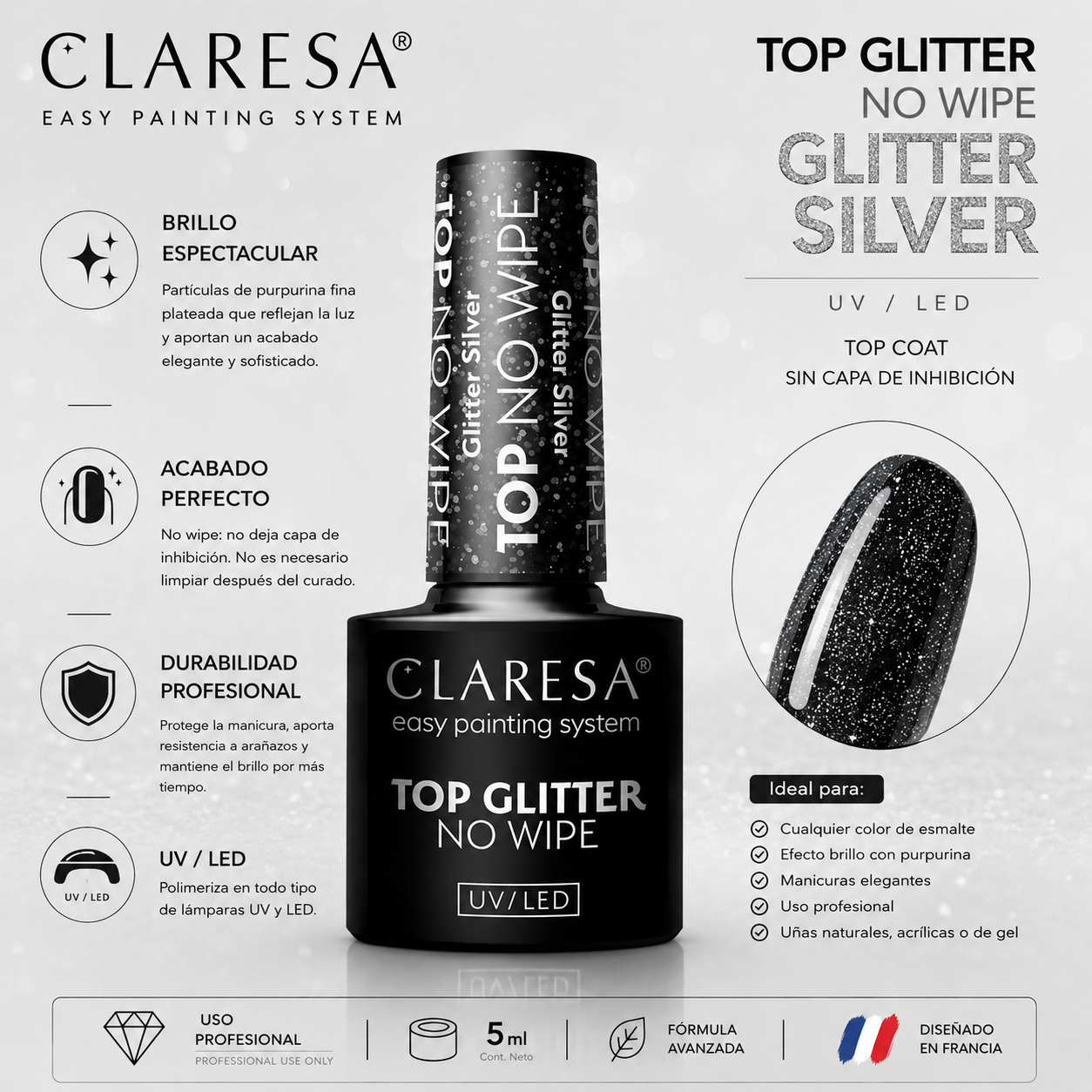 Claresa Top Glitter Silver No Wipe UV/LED – Top con glitter plateado 5 ml