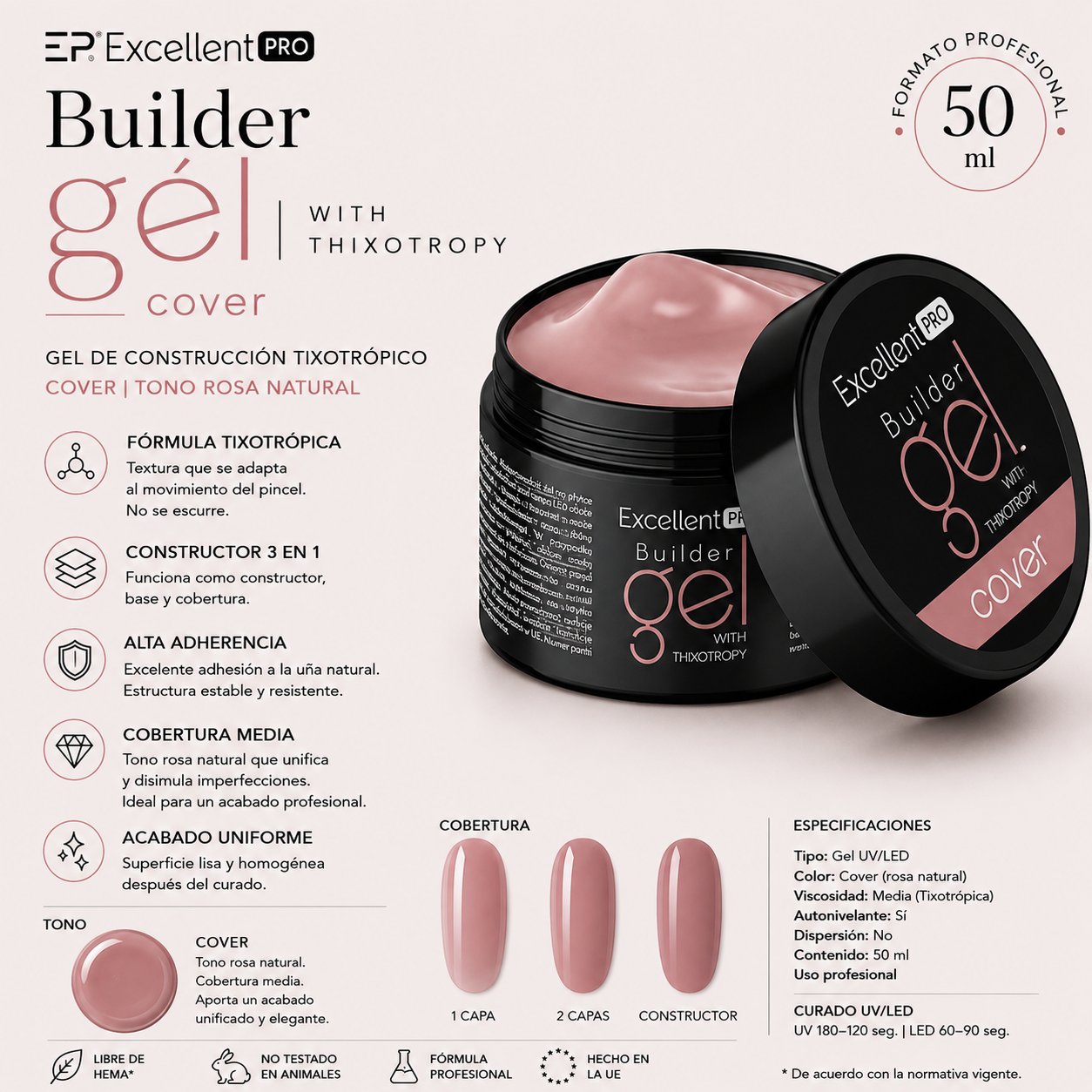 Gel constructor de uñas monofásico PRO LED/UV COVER 50 g.