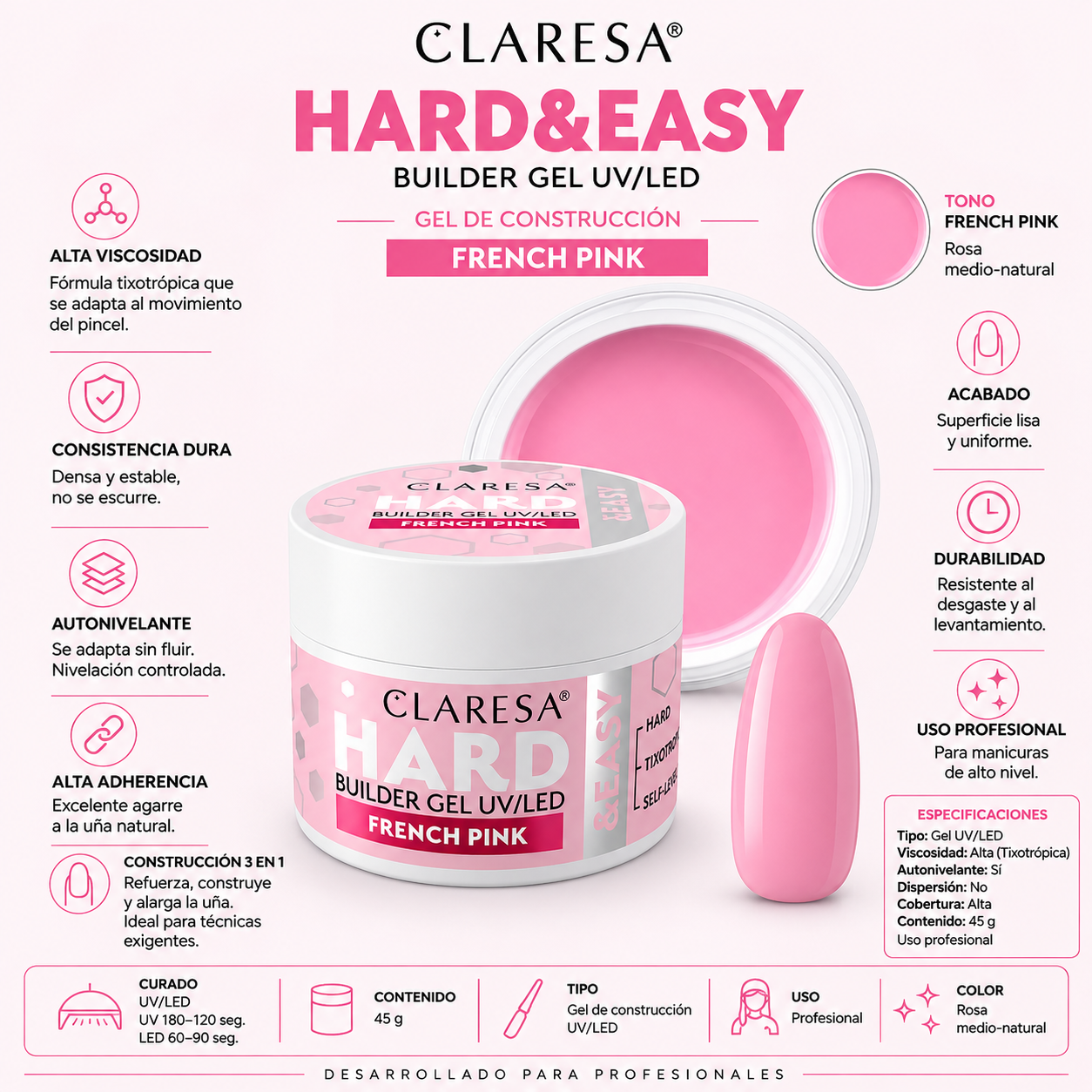 Claresa Hard Easy Builder Gel de Uñas Autonivelante Rosa Francés 45 g
