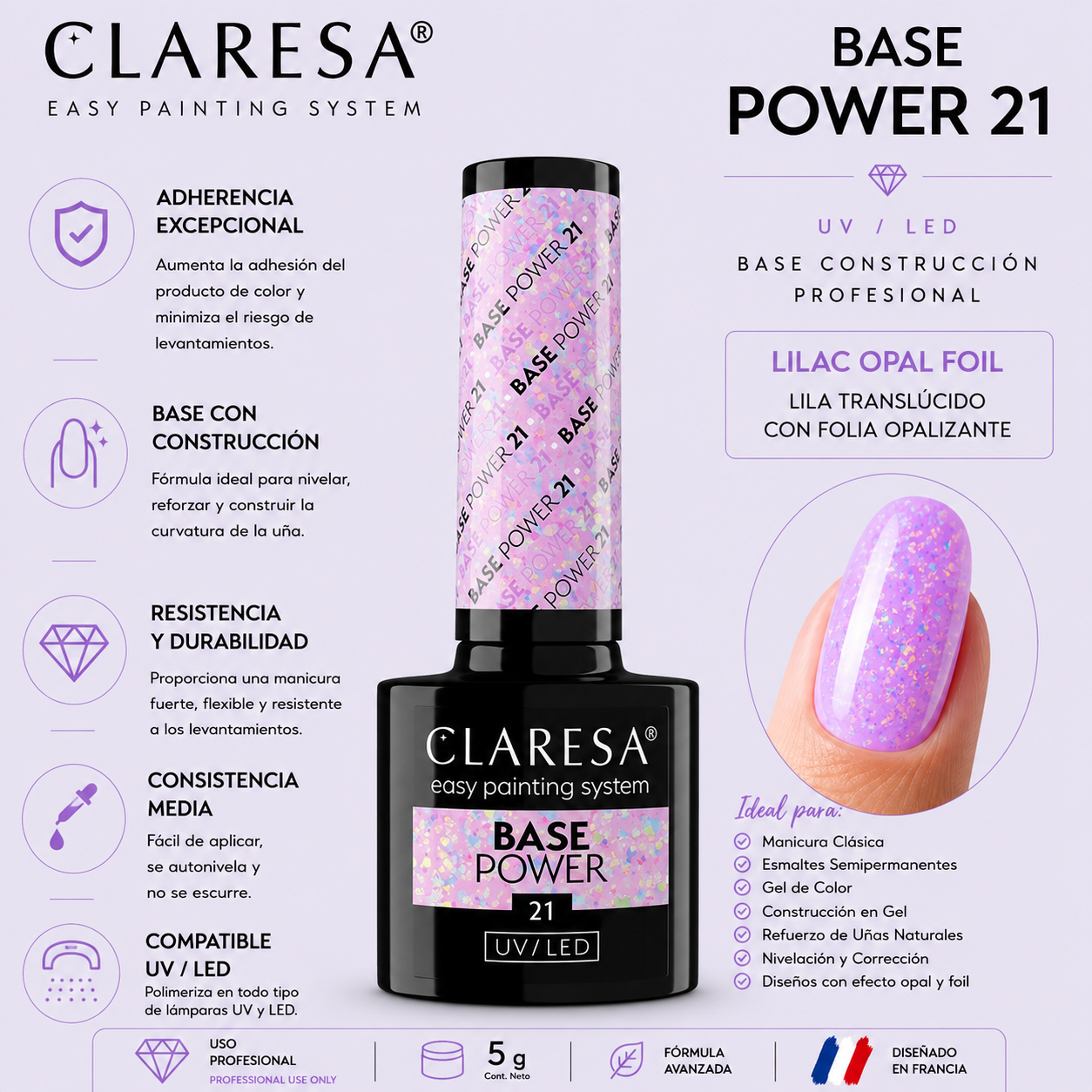 Claresa Base Power 21 UV/LED – Base constructora lila con foil opalizante 5 g