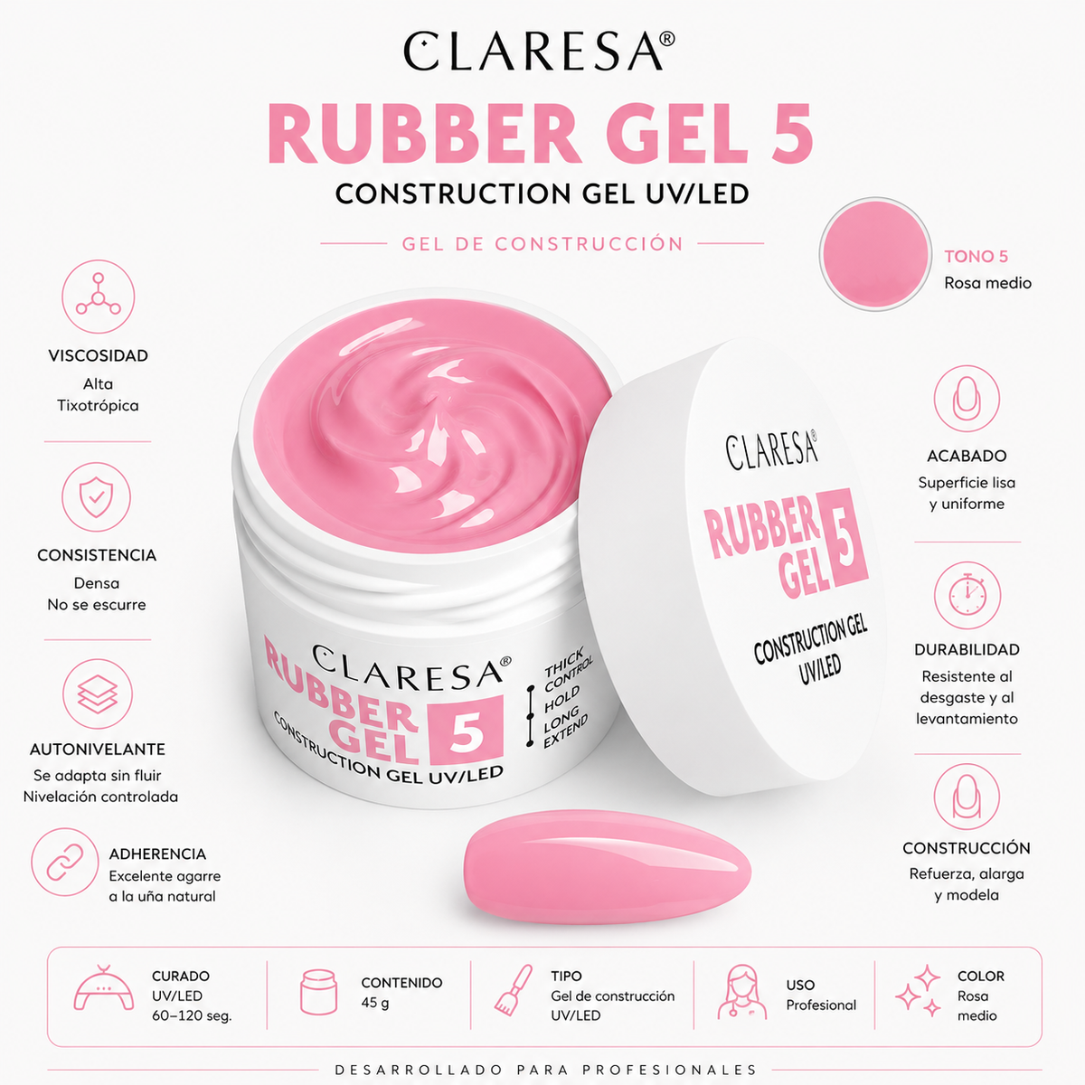 Gel de caucho Claresa UV/LED 5, rosa medio a morado, 45 g