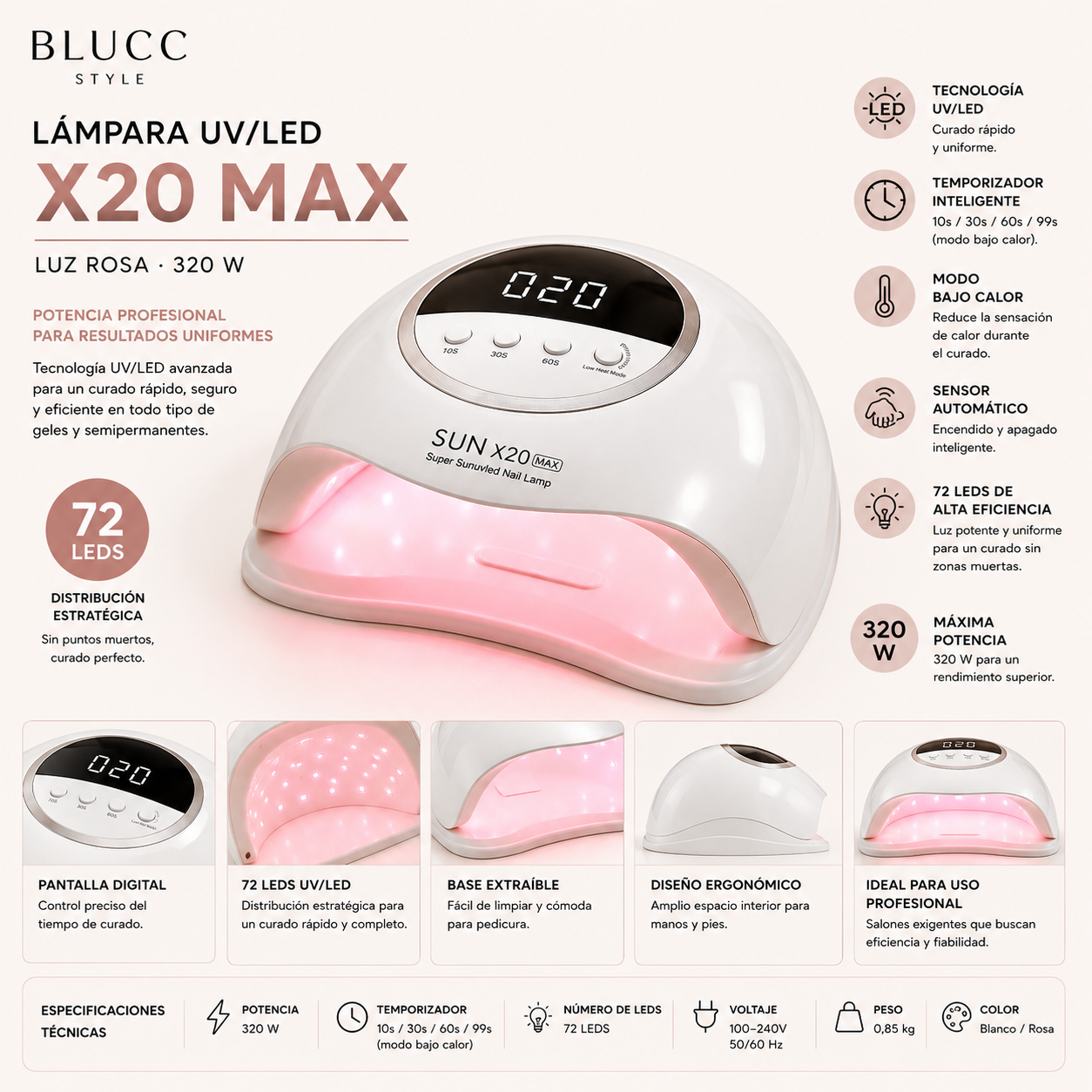 Lámpara UV/LED X20 MAX, luz rosa para manicura, 320 W