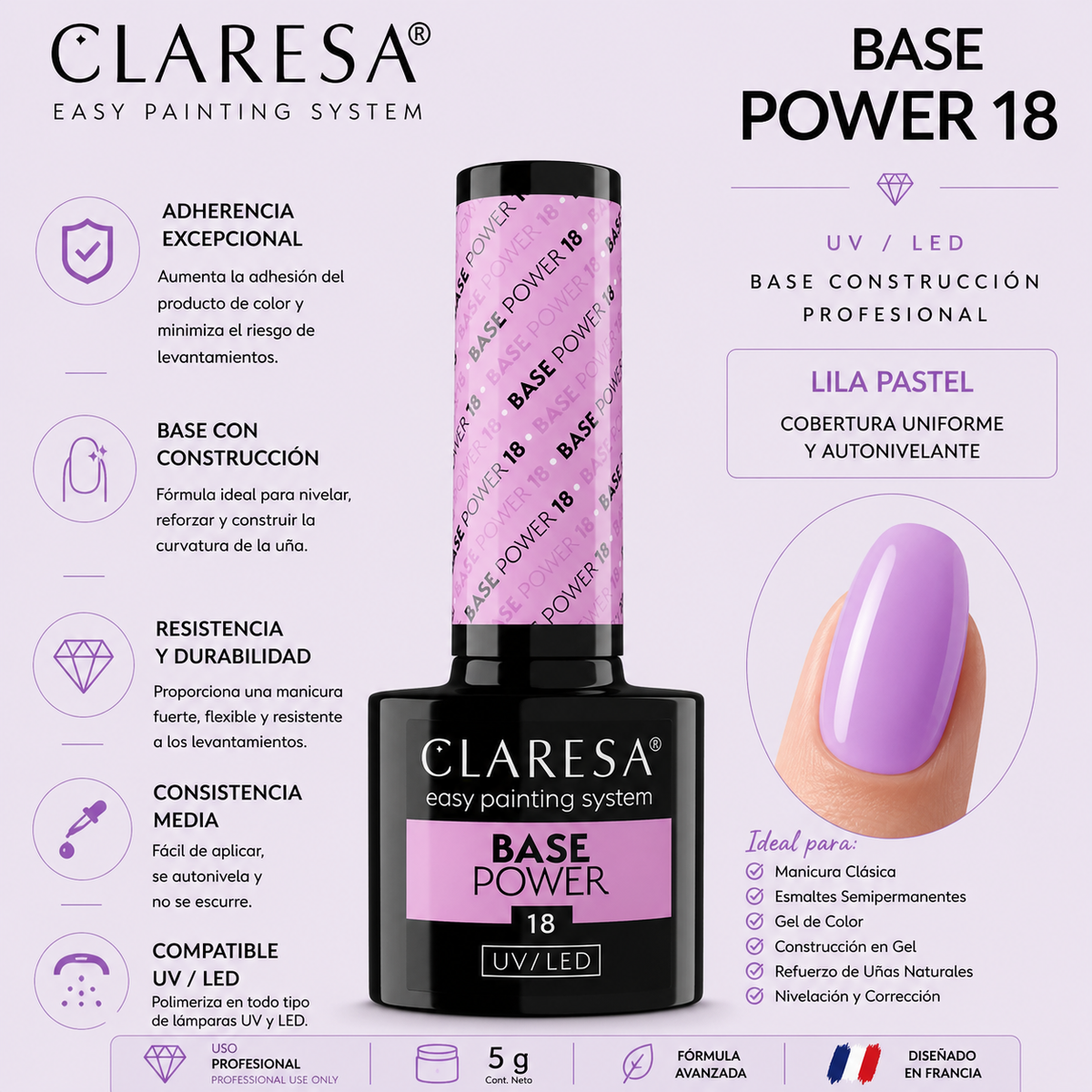 Claresa Base Power 18 UV/LED – Base constructora Lila Pastel 5 g