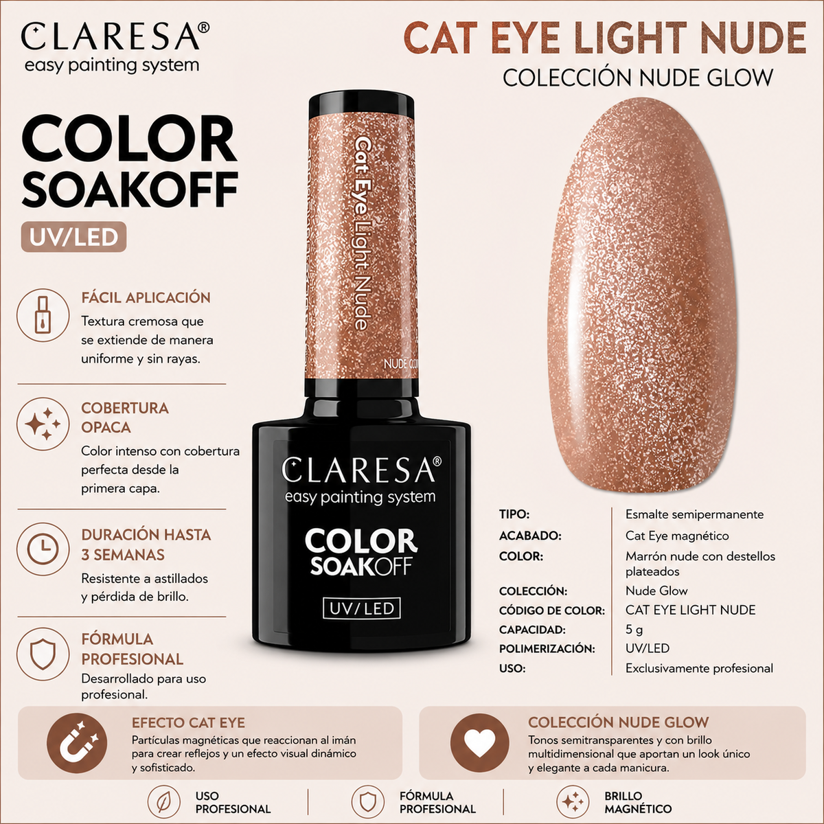 Esmalte Claresa Nude Glow Cat Eye Light Nude