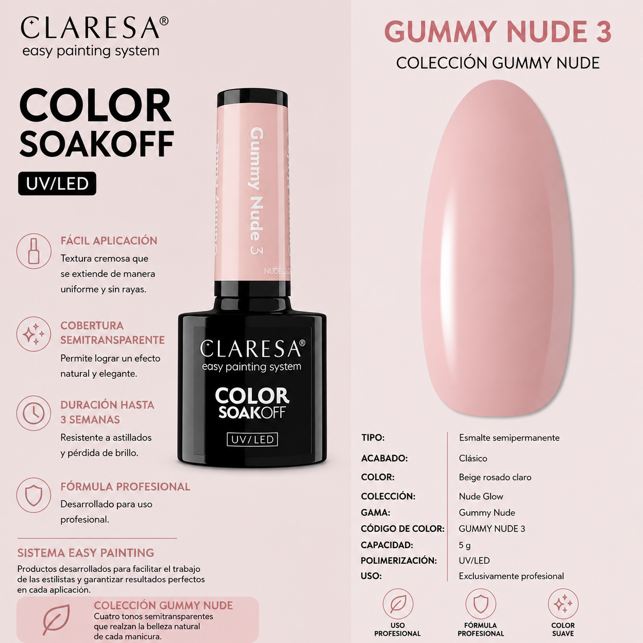 Esmalte Claresa Glow Gummy Nude Peach 3