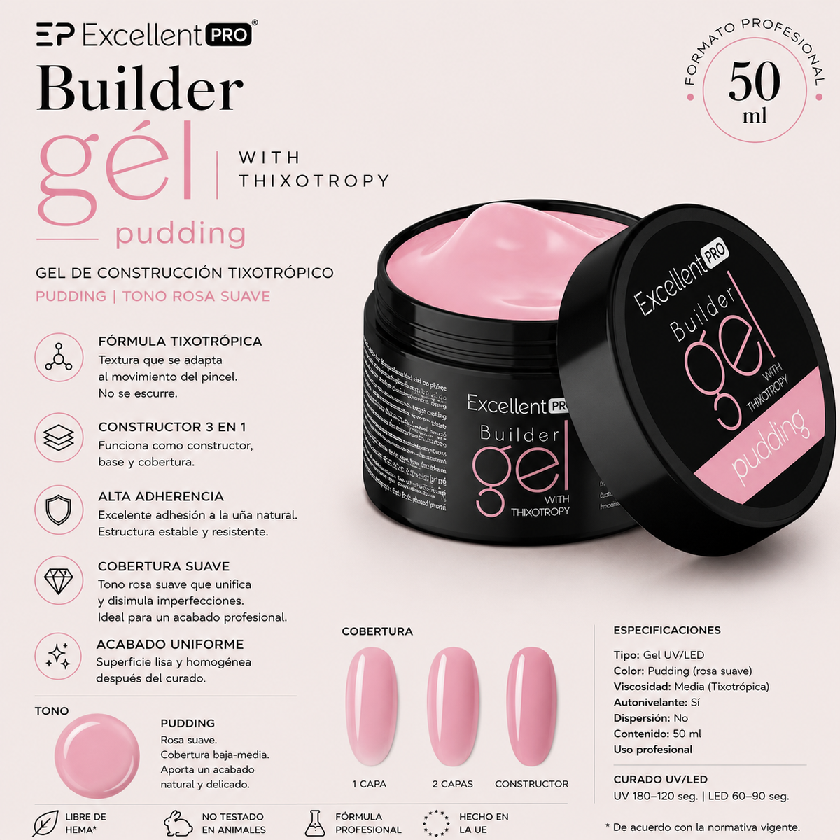 Gel constructor de uñas monofásico PRO LED/UV Pudding 50 g