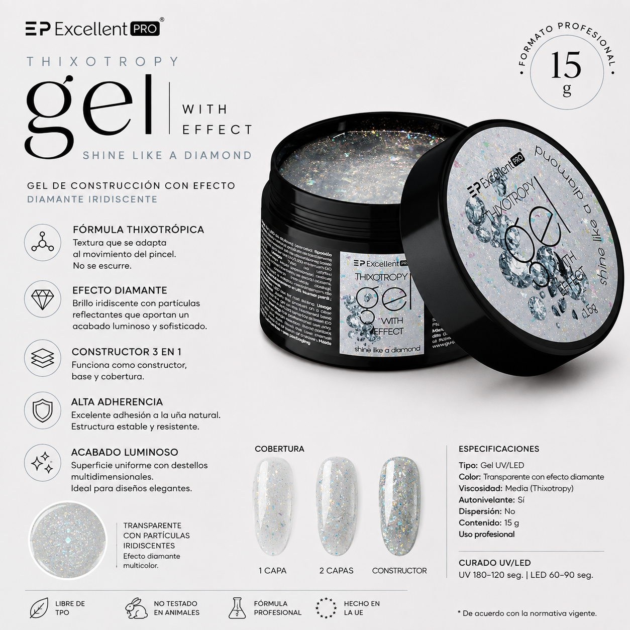Gel constructor con brillo similar al de la lámina de diamante, 15 g.