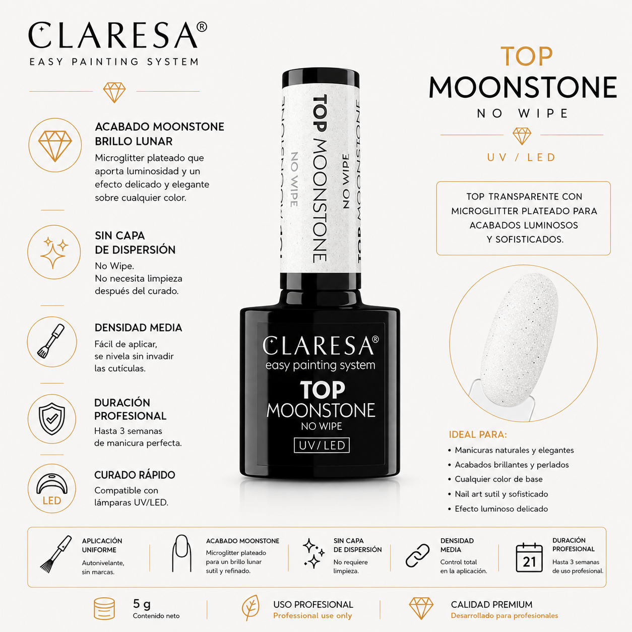Top Coat Glitter Plateado Moonstone No Wipe | Semipermanente 5 g