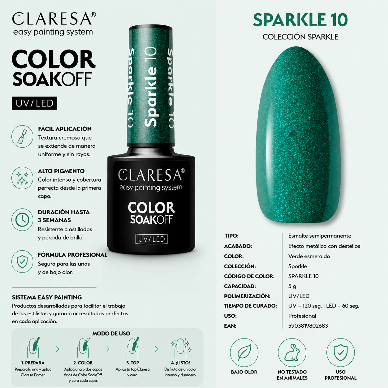 Esmalte Claresa Sparkle 10 Verde con partículas