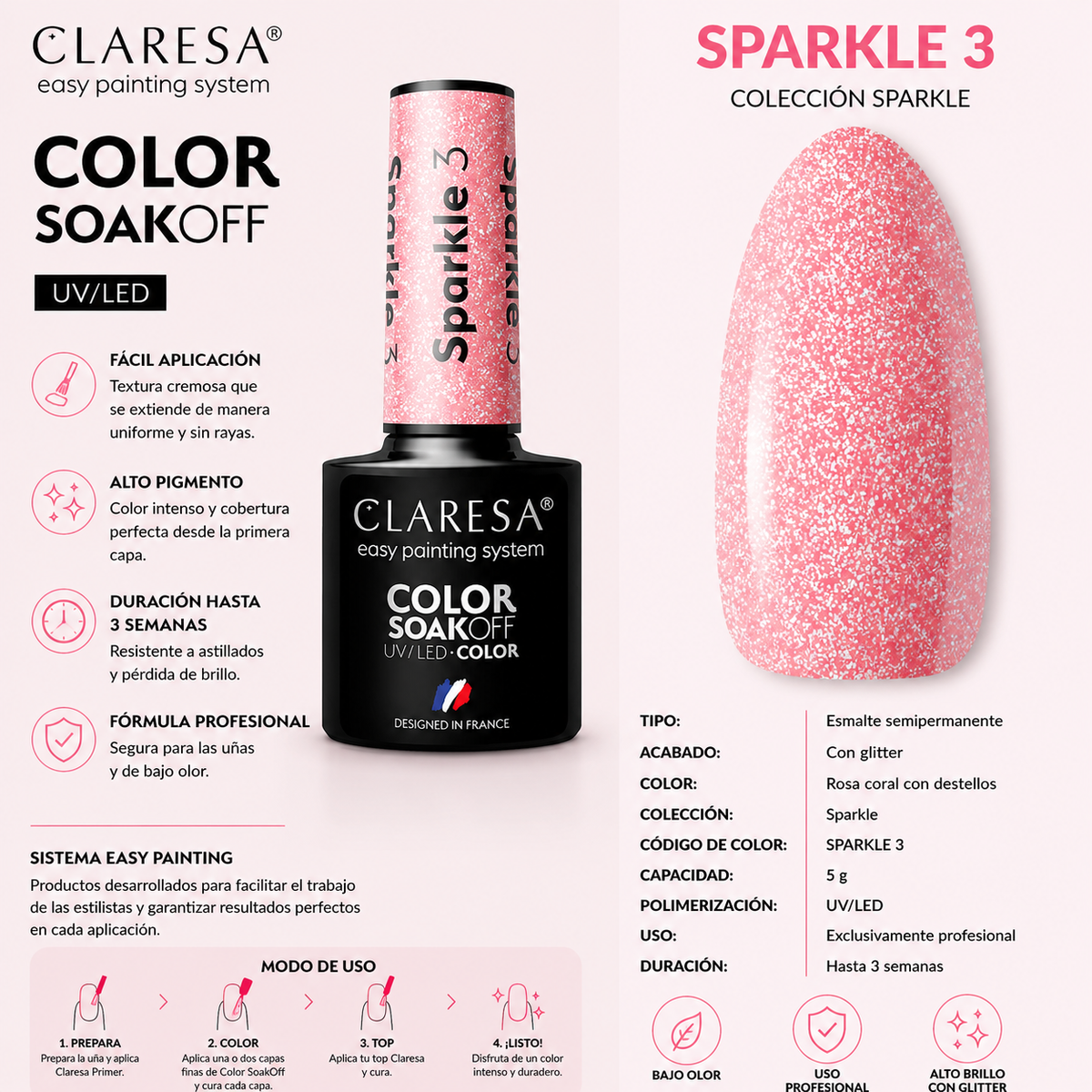 Esmalte Claresa Sparkle 3 con partículas rosas