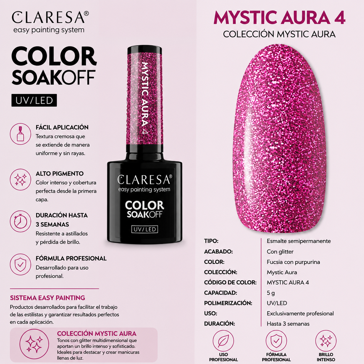 Esmalte Claresa rosa con partículas Mystic Aura 4