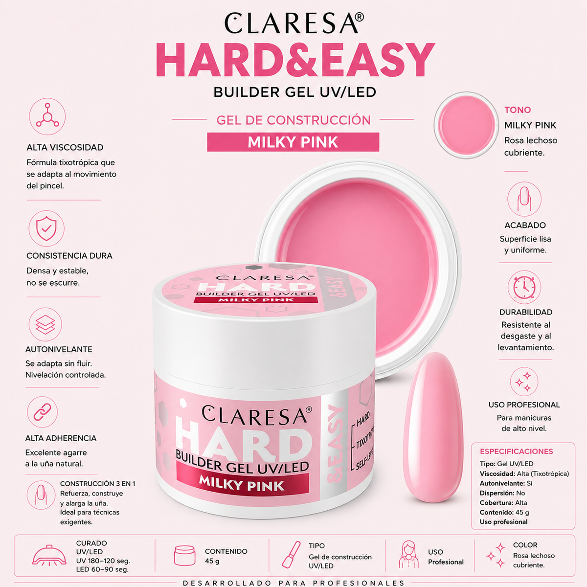 Gel constructor UV/LED suave y fácil de Claresa, color rosa lechoso, 45 g