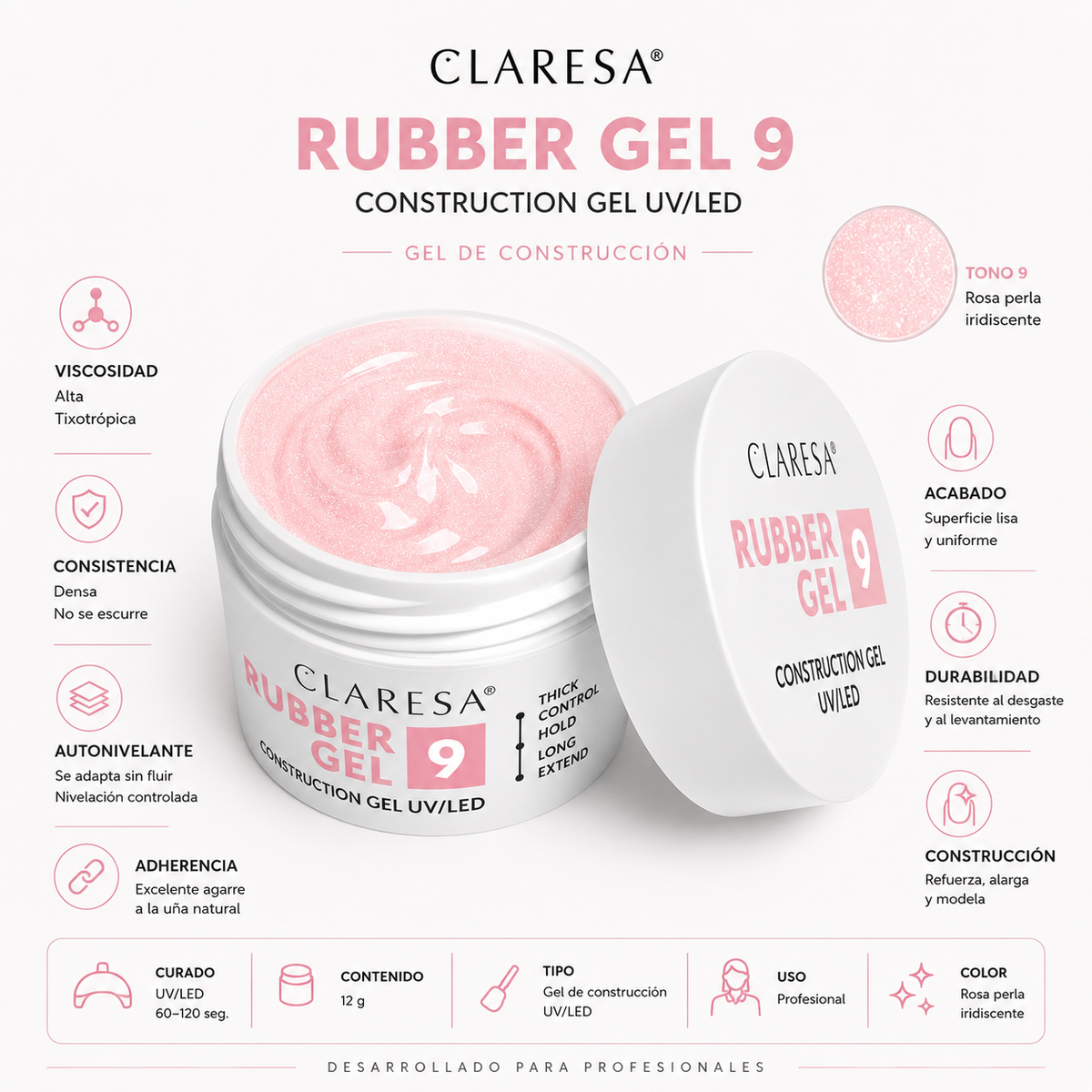 Gel RUBBER Claresa UV/LED 9 Rosa con partículas 45 g