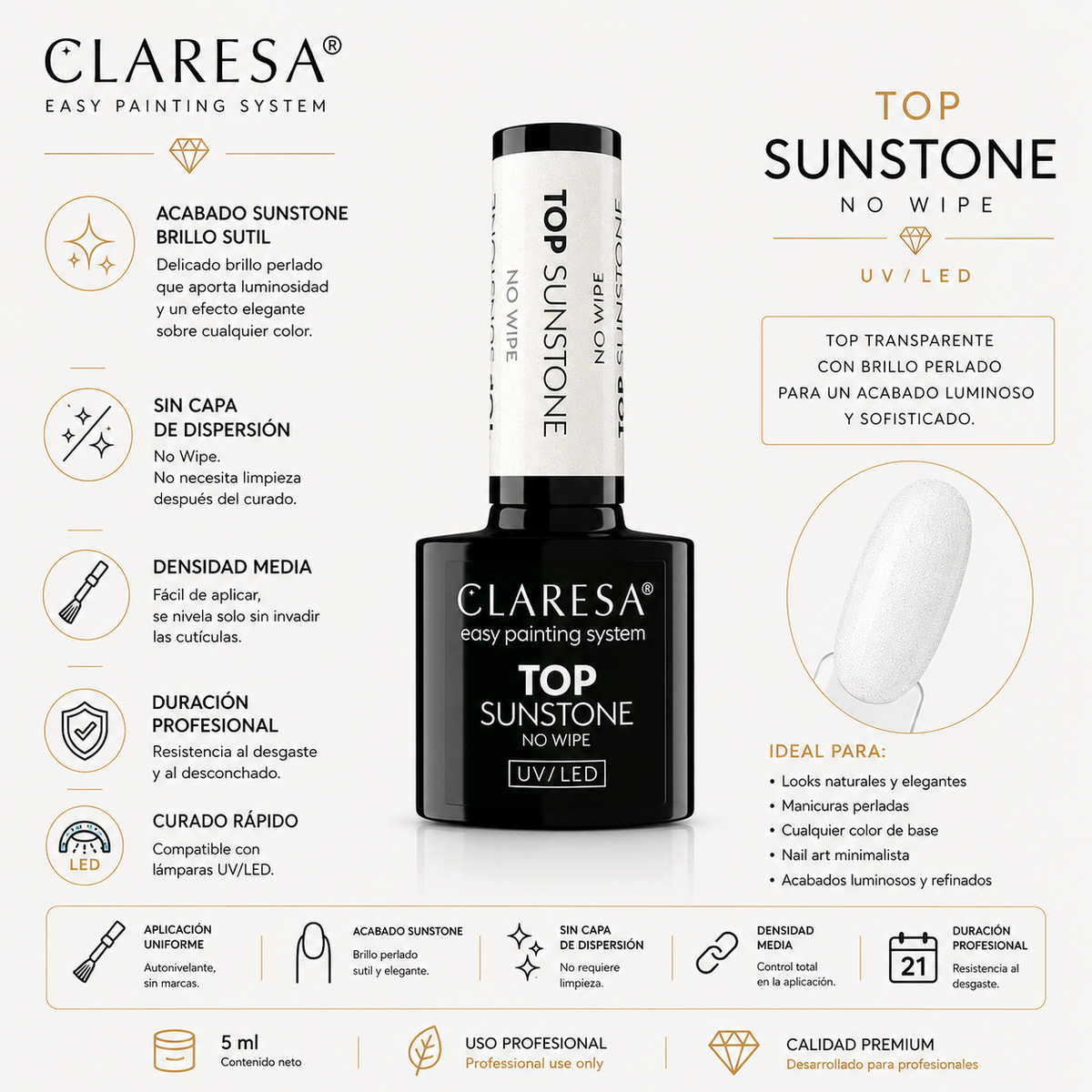 Top Coat Glitter Dorado Sunstone No Wipe | Semipermanente 5 g