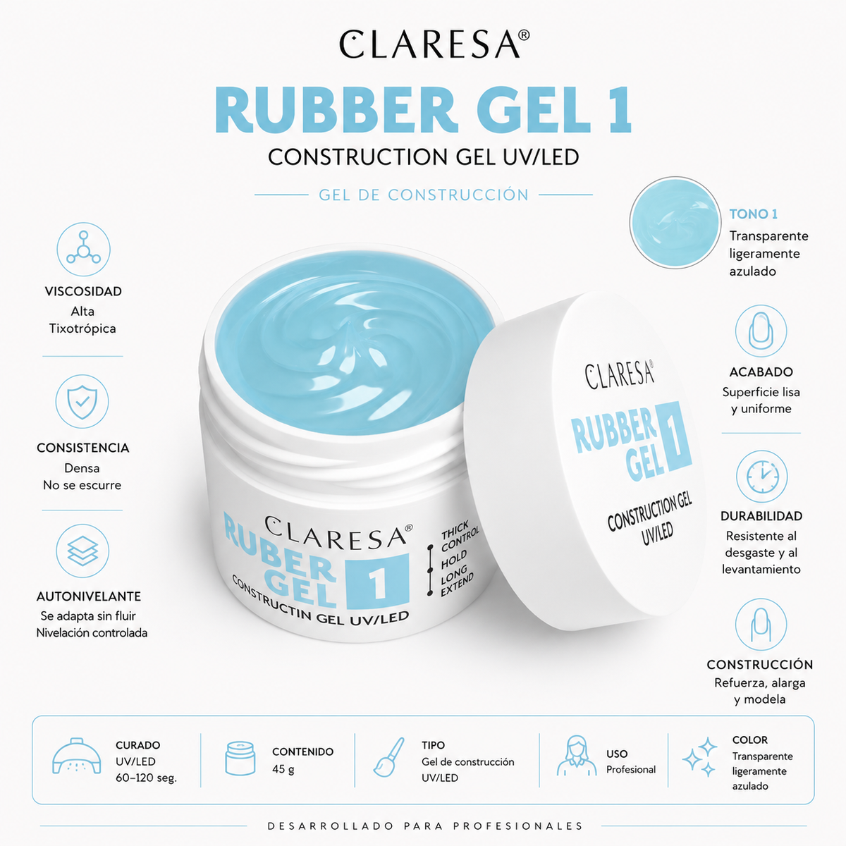 Claresa Rubber Gel 1 — Gel de construcción UV/LED 45 g