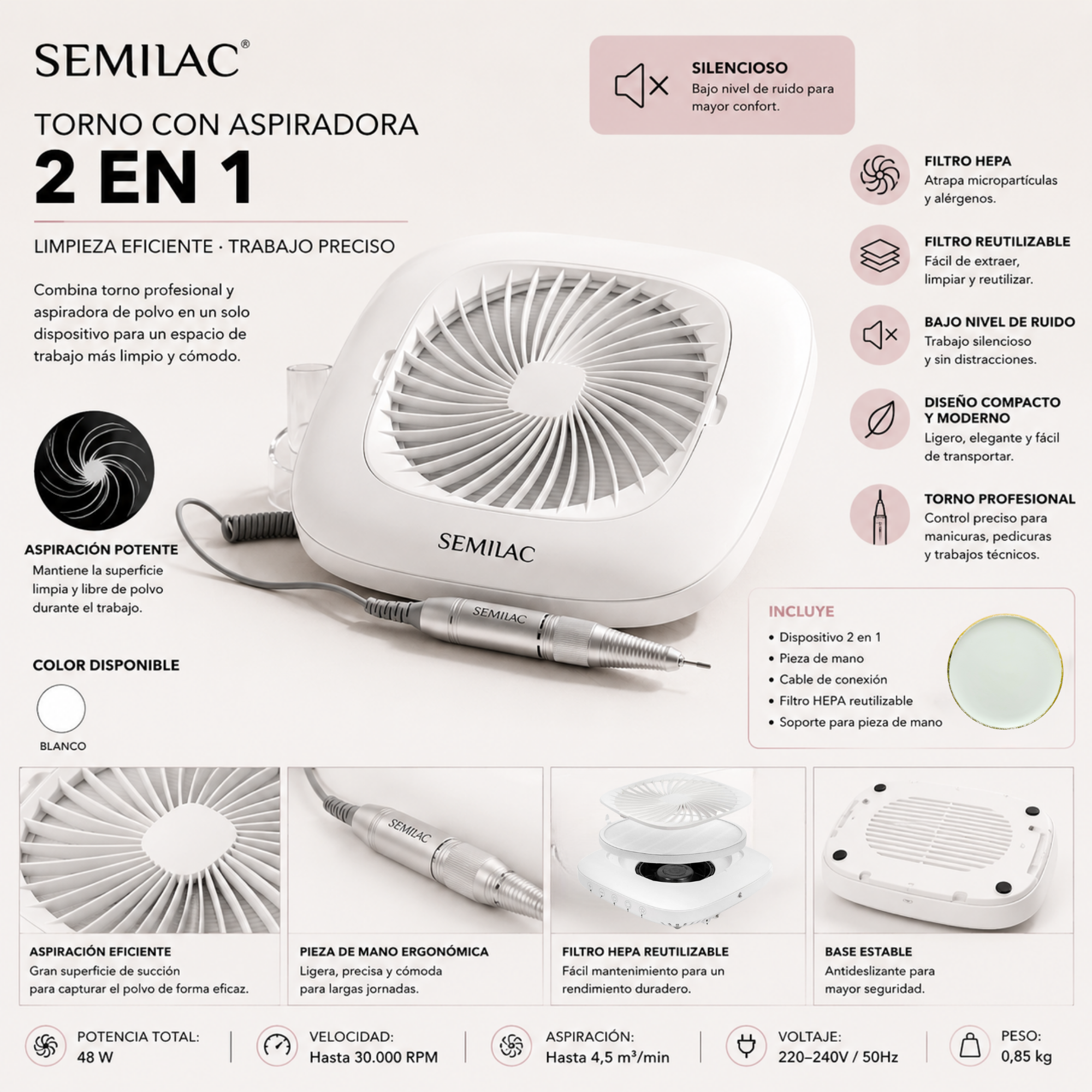 Torno con aspiradora Semilac 2 en 1, silencioso, 48 W