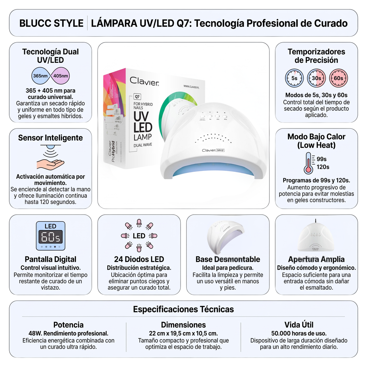 Lámpara de uñas Clavier para manicura híbrida de geles Q7 UV/LED 48W