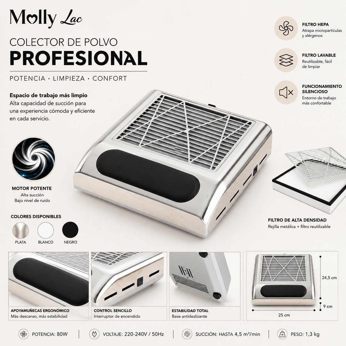 Colector de polvo Molly Lac 80 W / Plata 858-8