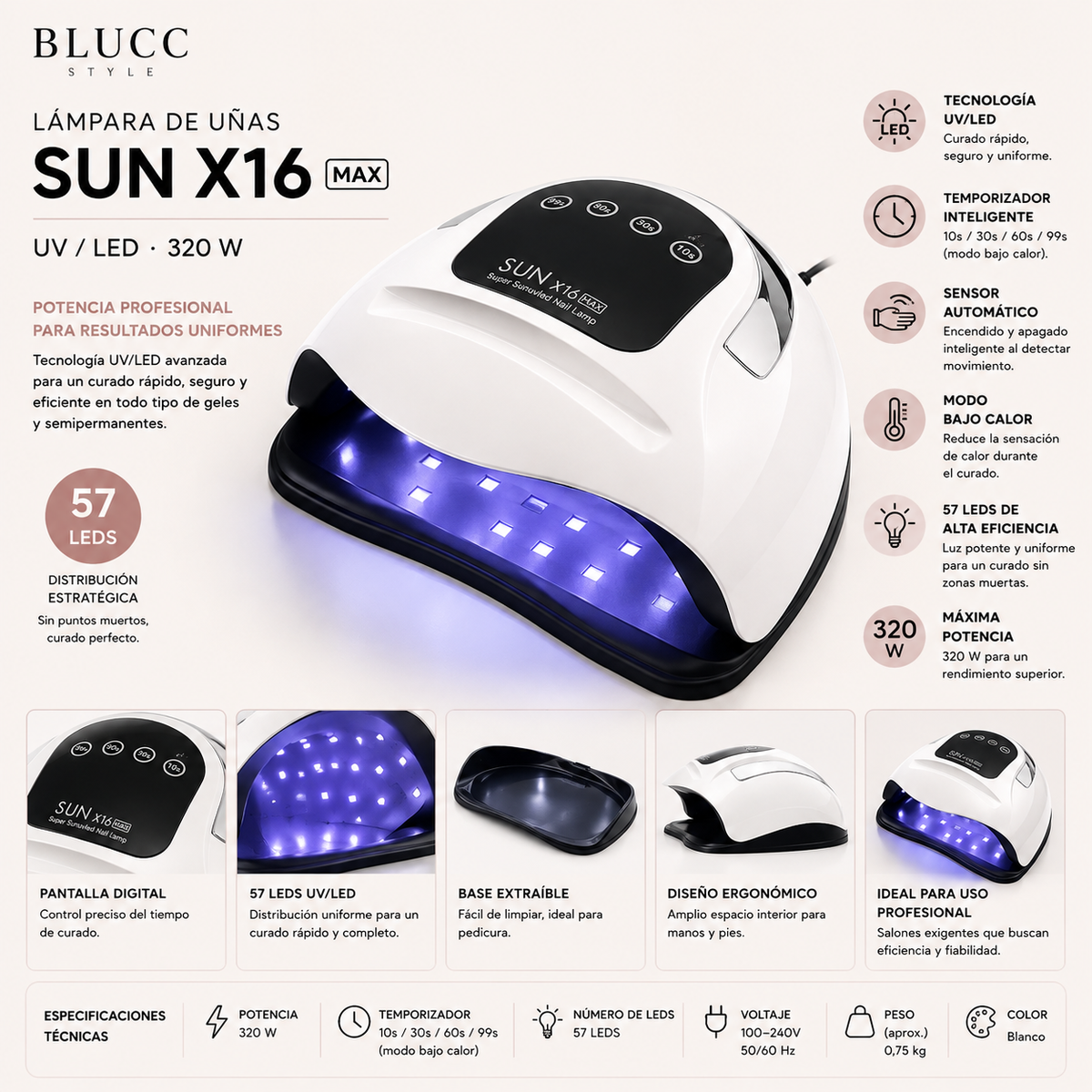 Lámpara de uñas para manicura intensa, SUN x16, UV/LED, 320 W