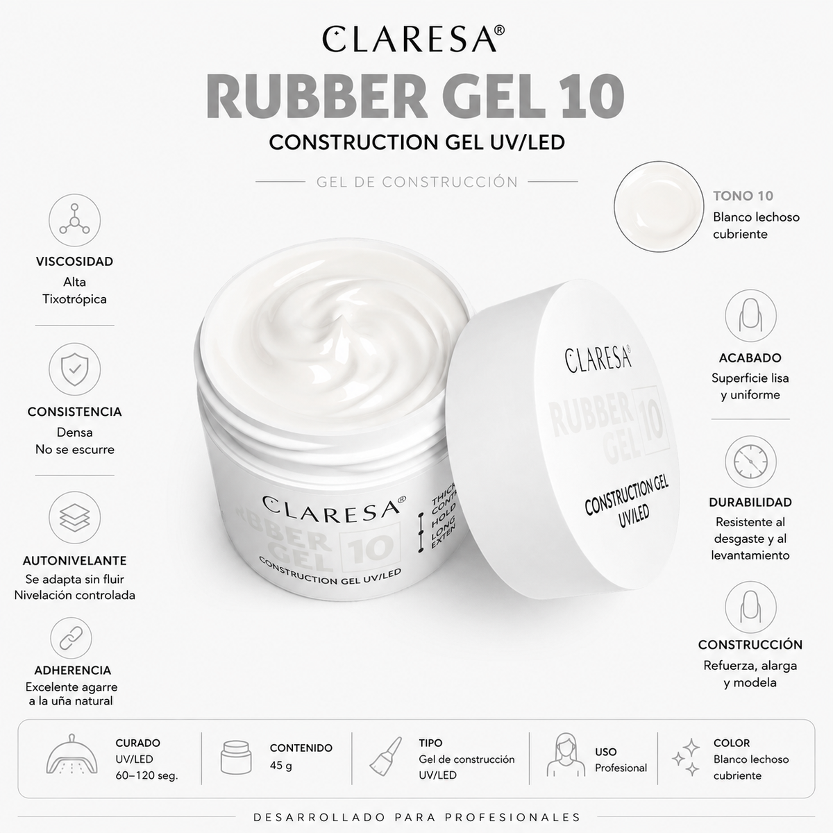 Gel RUBBER Claresa UV/LED 10 Blanco lechoso 45 g