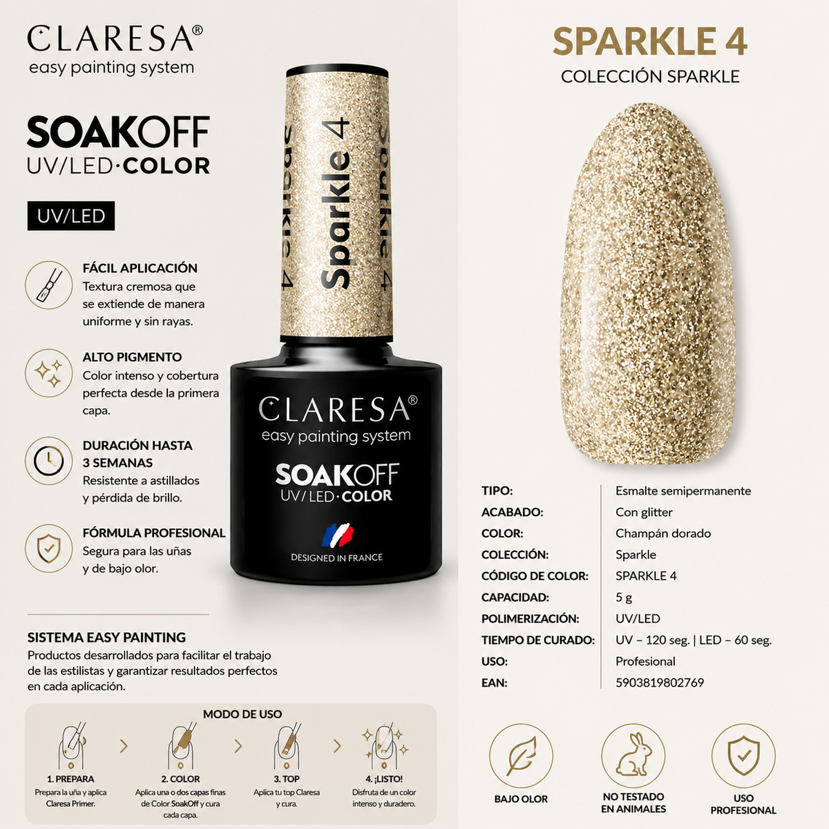 Esmalte Claresa Sparkle 4 con partículas doradas