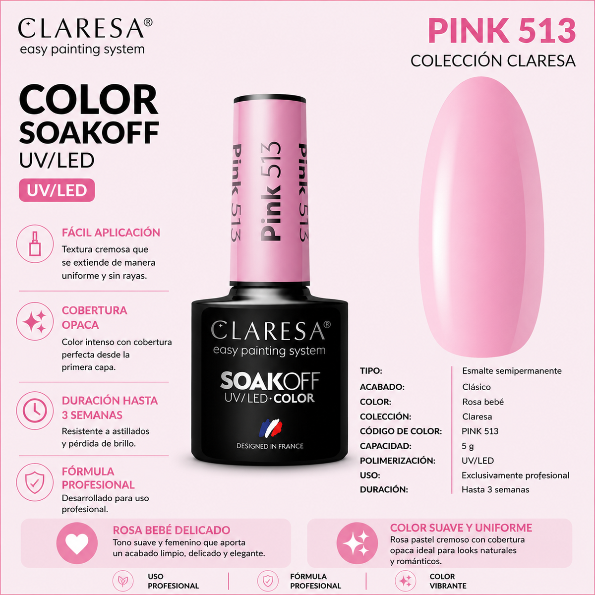 Esmalte Claresa Rosa 513 Polvo Rosa