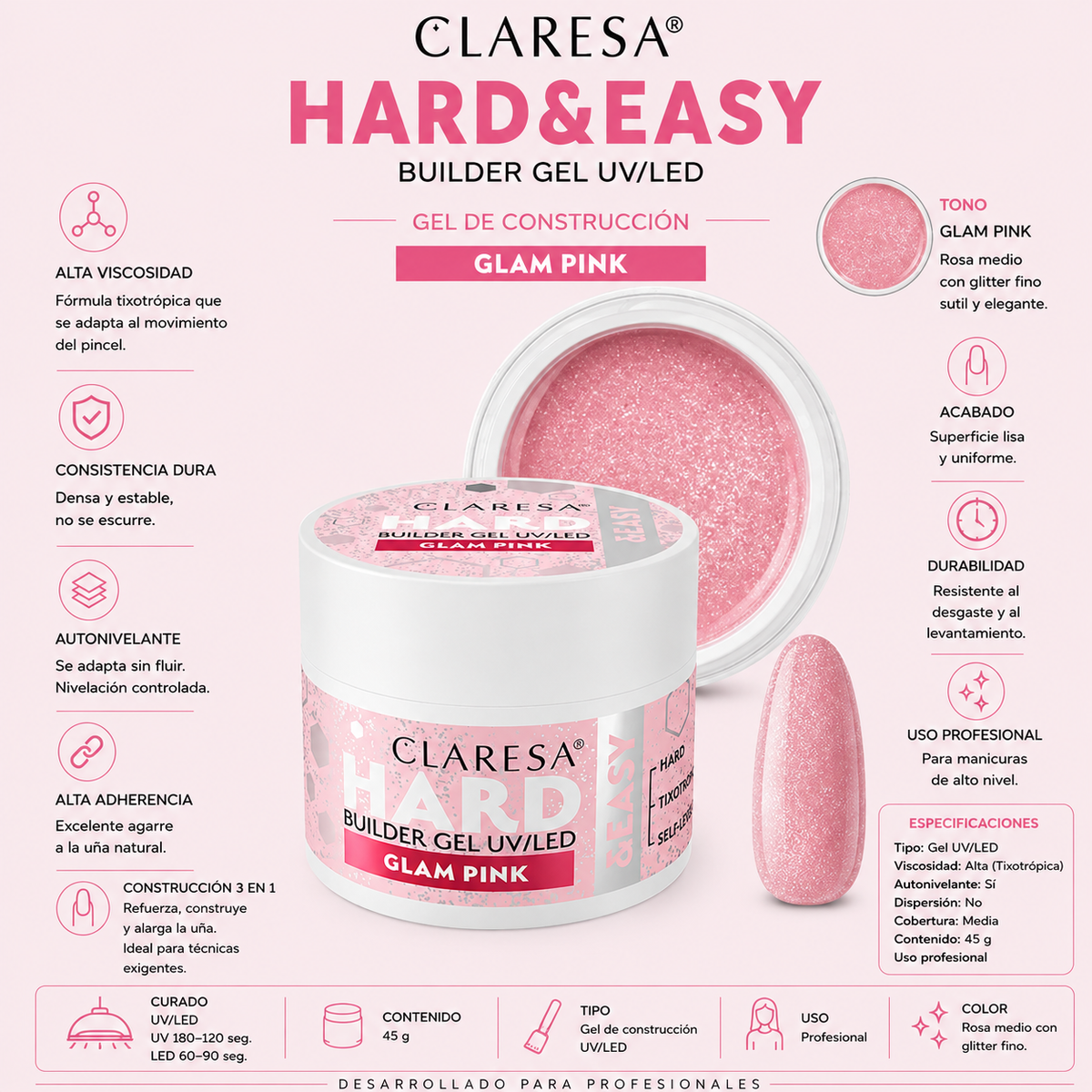 Gel constructor suave y fácil de aplicar Claresa Glam Pink Rosa pastel con partículas 45 g