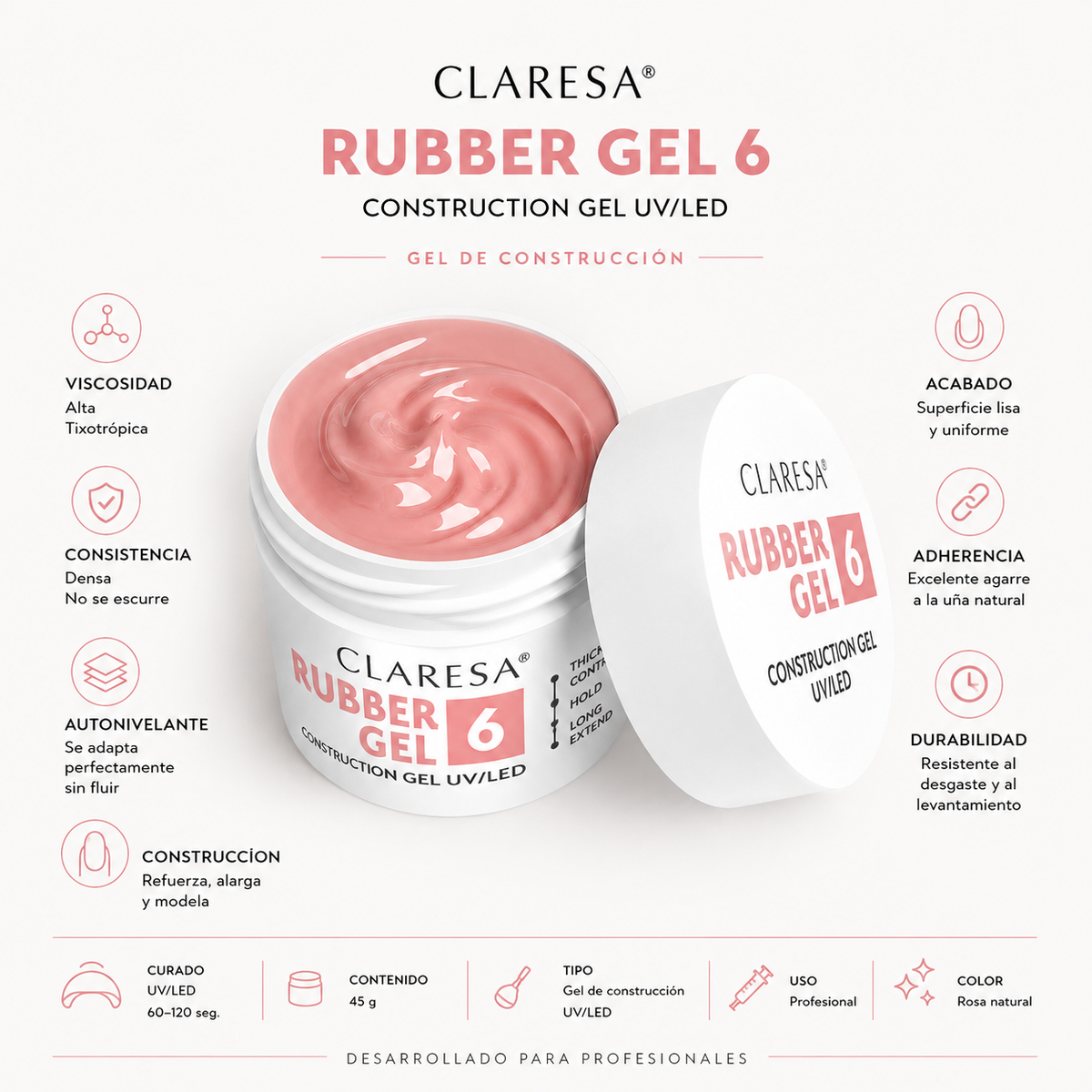 Gel de caucho Claresa UV/LED 2, rosa cálido, 45 g