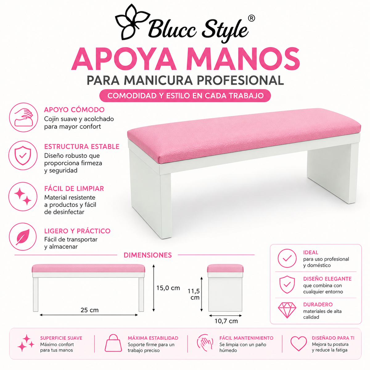 Reposabrazos para manicura rosa