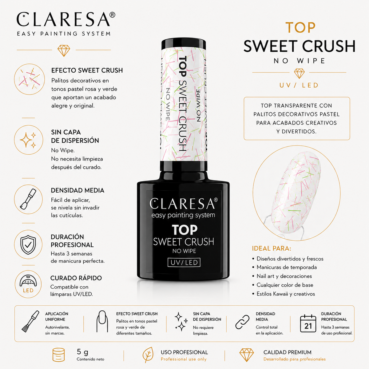 Top Coat Sweet Crush No Wipe con Partículas de Color | Semipermanente 5 g