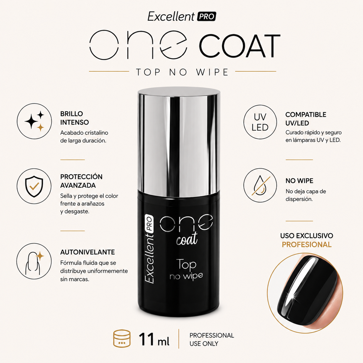 Excellent PRO One Coat Top No Wipe – Top transparente 11 ml
