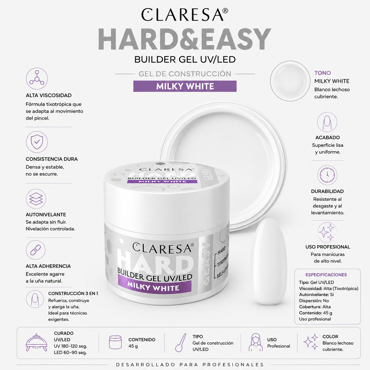 Gel autonivelante para uñas Claresa Hard Easy Builder, color blanco lechoso, 45 g