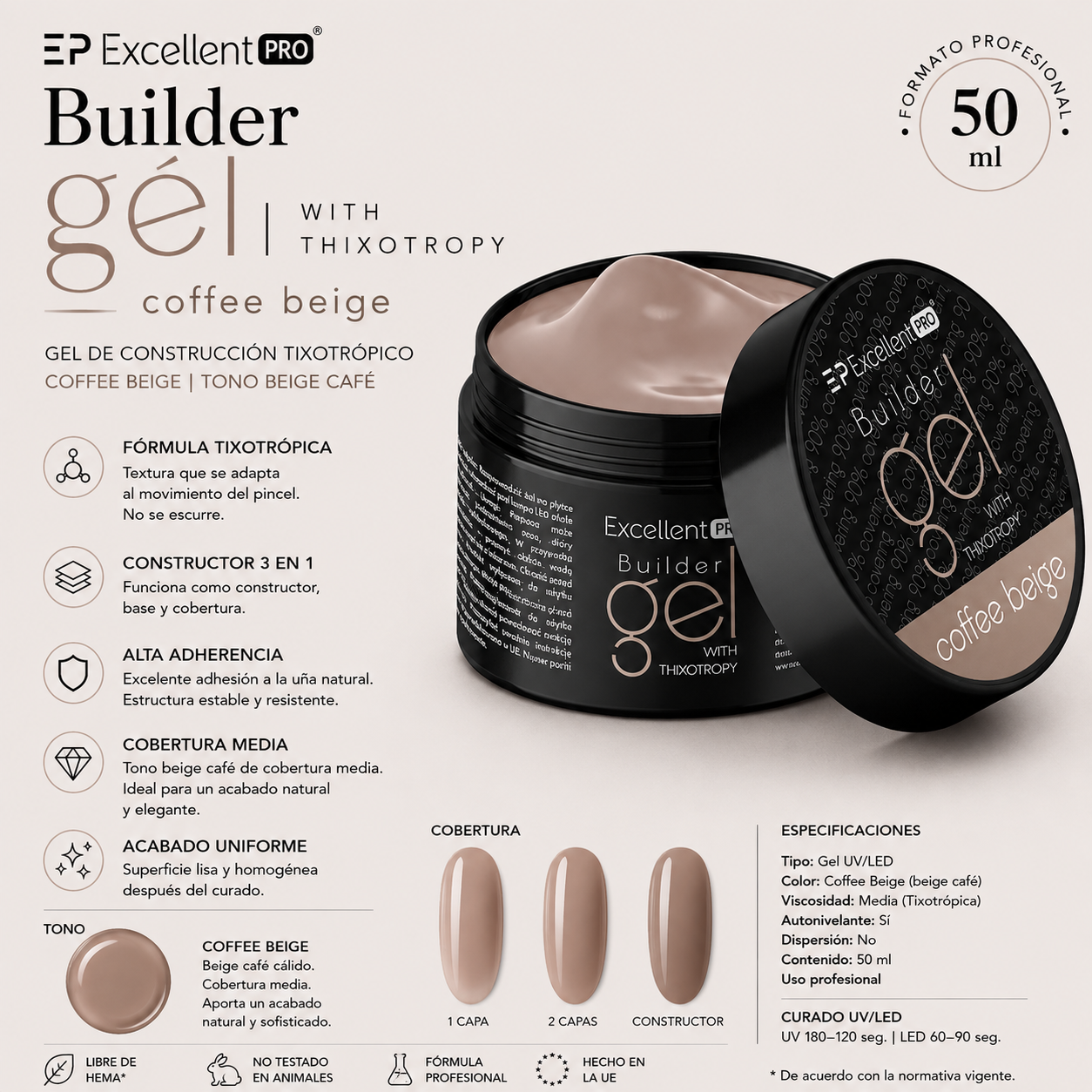 Gel constructor de uñas LED/UV monofásico, color beige café, 50 g.